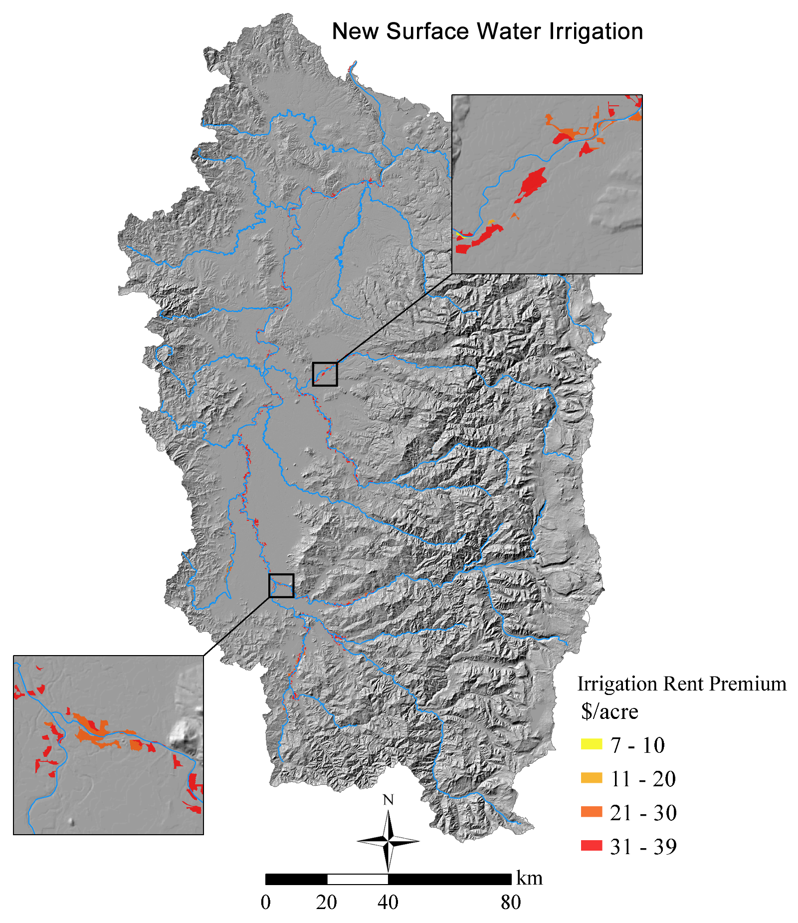Locations of new irrigation water rights with low conveyance cost assumptions.